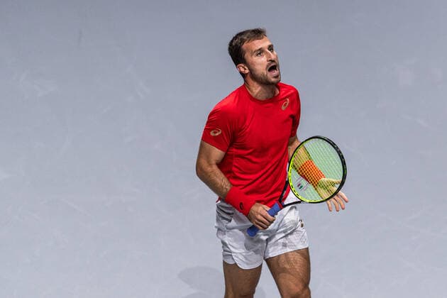 211125 Steven Diez of Canada celebrates during the Davis Cup Finals group stage tennis match between Canada and Sweden on November 25, 2021 in Madrid Photo Mathias Bergeld BILDBYRAN kod MB MB0271 tennis davis cup davis cup finals davis cup finals 2021 canada sweden bbeng sverige kanada jubel,  Copyright: MATHIASxBERGELD BB211125MB008