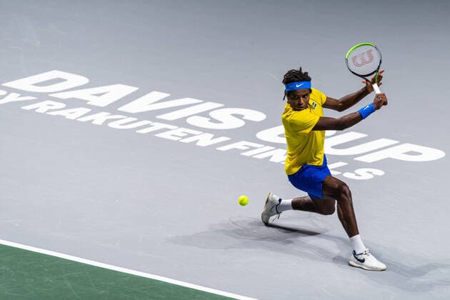 211125 Elias Ymer of Sweden during the Davis Cup Finals group stage tennis match between Canada and Sweden on November 25, 2021 in Madrid Photo Mathias Bergeld BILDBYRAN kod MB MB0271 tennis davis cup davis cup finals davis cup finals 2021 canada sweden bbeng sverige kanada,  Copyright: MATHIASxBERGELD BB211125MB011