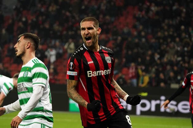 25 11 2021, Football , Season 21 22, Europa League ,Group Stage , Group G, Bayer 04 Leverkusen FC Celtic Glasgow Bayarena Leverkusen , robert andrich , Bayer 04 Leverkusen, action, single image, goal celebration photo Chai von der Laage UEFA regulations prohibit any use of photographs as image sequences and or quasi video EDITORIAL USE ONLY