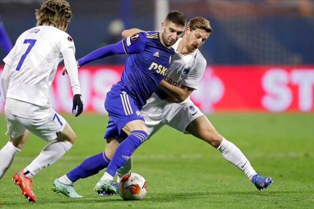 ZAGREB, CROATIA - NOVEMBER 25 : Patrik Hrosovsky midfielder of KRC Genk and Luka Ivanusec midfielder of Dinamo Zagreb during the UEFA Europa League Group stage H match between Dinamo Zagreb and Krc Genk on November 25, 2021 in Zagreb, Croatia, 25 11 2021 ( Dinamo Zagreb v Krc Genk - UEFA Europa League PhotoNews Panoramic 