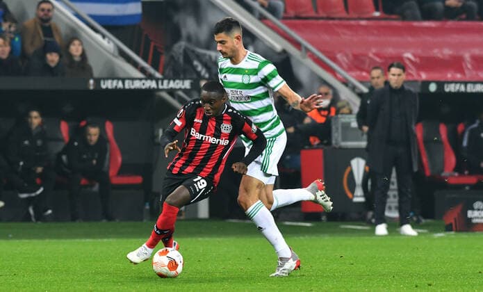 Football, UEFA Europa League, Men, 2021 2022 season, Group G, Matchday 5, BayArena Leverkusen, Bayer Leverkusen black Celtic Glasgow white Moussa Diaby LEV , Nir Bitton CTG Action UEFA REGULATES PROHIBIT ANY USE OF PHOTOGRAPHS AS IMAGE SEQUENCES AND OR QUASI VIDEO