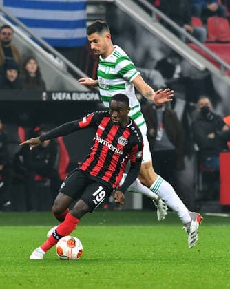 Football, UEFA Europa League, Men, 2021 2022 season, Group G, Matchday 5, BayArena Leverkusen, Bayer Leverkusen black Celtic Glasgow white Moussa Diaby LEV , Nir Bitton CTG Action UEFA REGULATES PROHIBIT ANY USE OF PHOTOGRAPHS AS IMAGE SEQUENCES AND OR QUASI VIDEO