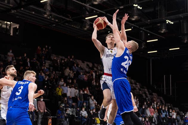 Basketball Nuremberg 25 11 2021 FIBA World Cup European Qualifiers Germany GER Estonia EST Justus Hollatz Germany, No 21 Rauno Nurger Estonia, No 20