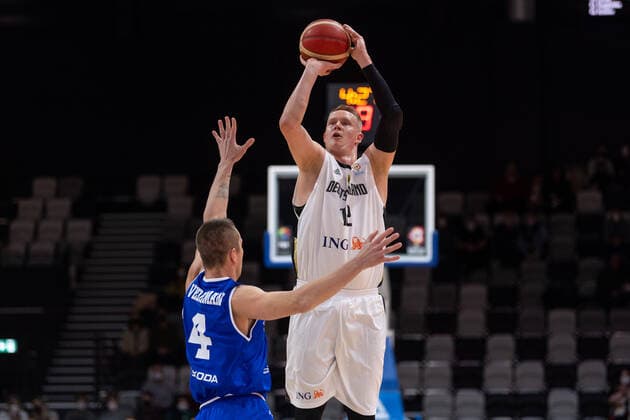 Basketball Nuremberg 25 11 2021 FIBA World Cup European Qualifiers Germany GER Estonia EST Robin Benzing Germany, No 12 Rain Veideman Estonia, No 04