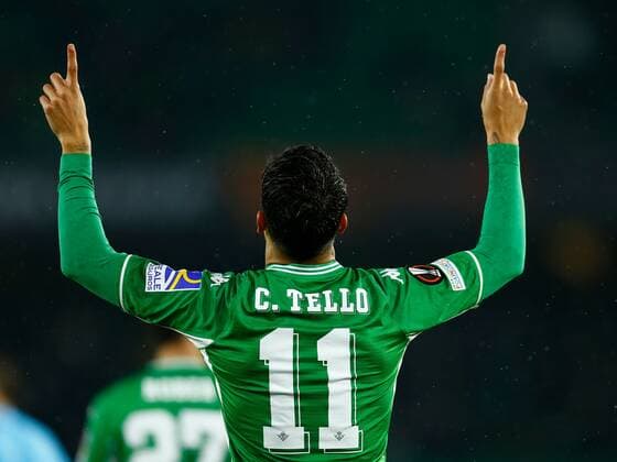 Mandatory Credit: Photo by Pressinphoto Shutterstock (12618144e) Cristian Tello of Real Betis celebrates his goal Real Betis v Ferencvaros TC, UEFA Europa League 2021-2022, date 5. Football, Benito Villamarin Stadium, Sevilla, Spain - 25 Nov 2021 Editorial use only Real Betis v Ferencvaros TC, UEFA Europa League 2021-2022, date 5. Football, Benito Villamarin Stadium, Sevilla, Spain - 25 Nov 2021 Editorial use only  Copyright: xPressinphoto Shutterstockx 12618144e