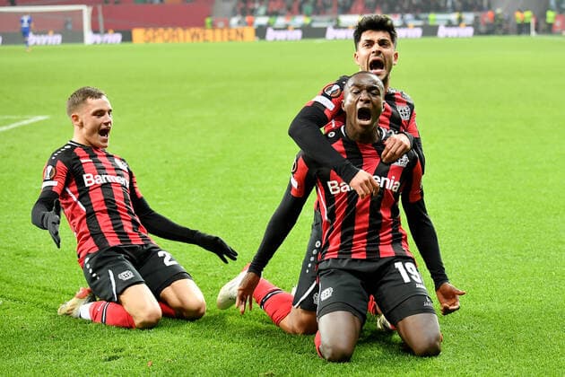Leverkusen, Bayarena, 25 11 21, GER, men, UEFA Europa League, 2021 2022 season, Bayer 04 Leverkusen Celtic Glasgow picture Moussa Diaby Leverkusen cheers after his goal to make it 3 2 Only for journalistic use Only for editorial use North Rhine Westphalia Germany.