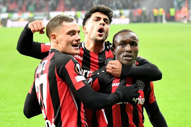 Leverkusen, Bayarena, 25 11 21, GER, men, UEFA Europa League, 2021 2022 season, Bayer 04 Leverkusen Celtic Glasgow picture Moussa Diaby Leverkusen cheers after his goal to make it 3 2 Only for journalistic use Only for editorial use North Rhine Westphalia Germany.