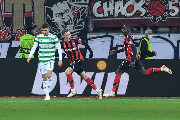 Football Europa League Group Stage 5 Matchday Bayer 04 Leverkusen Celtic Glasgow on 25 11 2021 at BayArena in Leverkusen Goal celebration for 3 2 by Moussa Diaby Leverkusen xRx