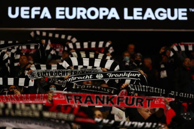 Frankfurt fan scarves in front of Uefa Europa League lettering Eintracht Frankfurt vs Royal Antwerpen, football, Uefa Europa League, 25 11 2021 Eintracht Frankfurt vs Royal Antwerpen, football, Uefa Europa League, 25 11 2021 Frankfurt Copyright: xEibner-Pressefotox EP_RWS