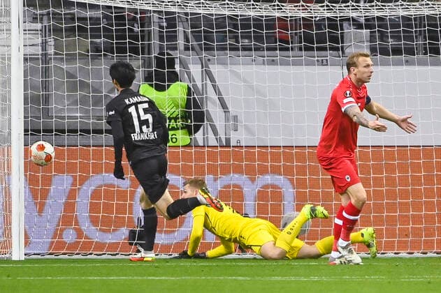 Eintracht s Daichi Kamada scores a goal during a soccer game between German Eintracht Frankfurt and Belgian Royal Antwerp FC, Thursday 25 November 2021 in Frankfurt, Germany, game five (out of six) in Group D of the UEFA Europa League group stage. LAURIExDIEFFEMBACQ  x3143483x