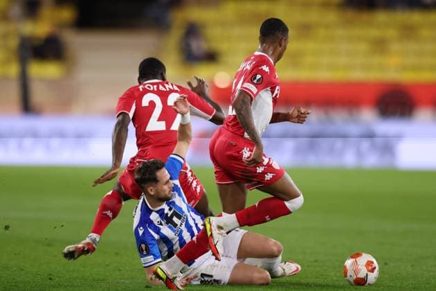 Monaco, Monaco, 25th November 2021. Adnan Januzaj of Real Sociedad clashes with Youssouf Fofana and Jean Lucas of AS Monaco during the UEFA Europa League match at Stade Louis II, Monaco. Picture credit should read: Jonathan Moscrop Sportimage EDITORIAL USE ONLY. No use with unauthorised audio, video, data, fixture lists, club league logos or live services. Online in-match use limited to 120 images, no video emulation. No use in betting, games or single club league player publications. SPI-1343-0005