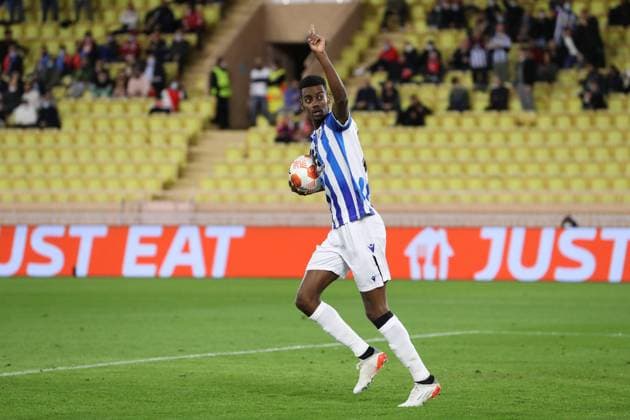 Monaco, Monaco, 25th November 2021. Alexander Isak of Real Sociedad celebrates after scoring to level the game at 1-1 during the UEFA Europa League match at Stade Louis II, Monaco. Picture credit should read: Jonathan Moscrop Sportimage EDITORIAL USE ONLY. No use with unauthorised audio, video, data, fixture lists, club league logos or live services. Online in-match use limited to 120 images, no video emulation. No use in betting, games or single club league player publications. SPI-1343-0011