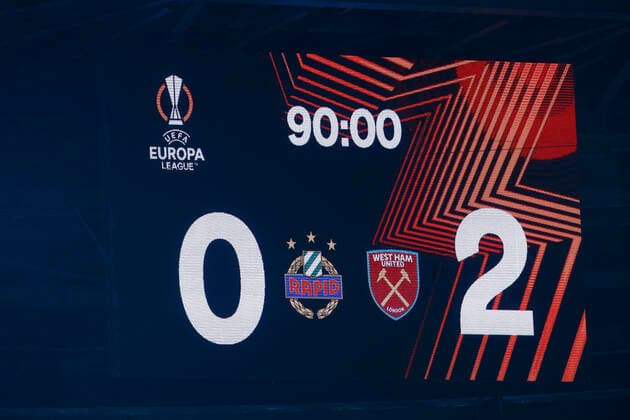Rapid Vienna v West Ham United UEFA Europa League The scoreboard tells the story during the UEFA Europa League Group H match at Allianz Stadion, Vienna Content Not Available For UK Newspapers Copyright: xPaulxChestertonx FIL-16158-0124