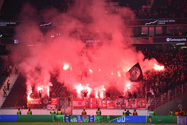 Football Europa League 5 matchday Eintracht Frankfurt Royal Antwerpen FC on 25 11 2021 at Deutsche Bank Park in Frankfurt burning pyro pyrotechnics flares Bengalos in Antwerpen fan block xHDx