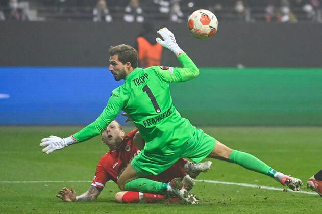 Antwerp s Ritchie De Laet scores a cancelled goal (VAR decision) during a soccer game between German Eintracht Frankfurt and Belgian Royal Antwerp FC, Thursday 25 November 2021 in Frankfurt, Germany, game five (out of six) in Group D of the UEFA Europa League group stage. LAURIExDIEFFEMBACQ  x3143614x