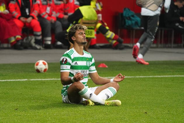 25 11 2021, Football , Season 21 22, Europa League ,Group Stage , Group G, Bayer 04 Leverkusen FC Celtic Glasgow Bayarena Leverkusen , Jota ,FC Celtic Glasgow Joga after scoring photo Chai von der Laage UEFA regulations prohibit any use of photographs as image sequences and or quasi video EDITORIAL USE ONLY