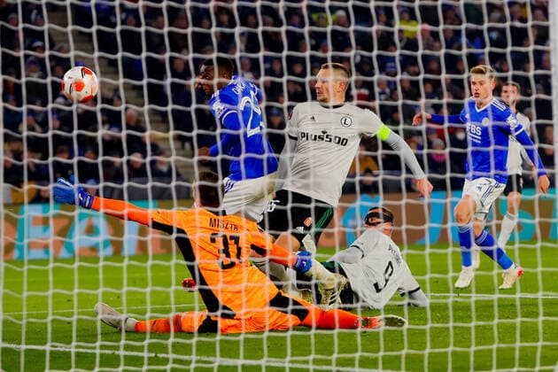 25th November 2021; King Power Stadium, Leicester, Leicestershire, England; Europa League football Leicester City versus Legia Warsaw; Patson Daka of Leicester City narrowly misses a goal  ActionPlus12342494 GrahamxWilson