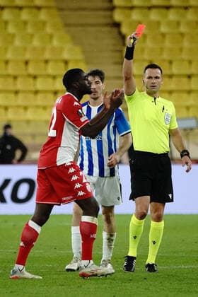 Carton rouge - Youssouf Fofana (AS Monaco)& FOOTBALL : AS Monaco vs Real Sociedad - Ligue Europa - Monaco - 25 11 2021 NorbertScanella Panoramic 