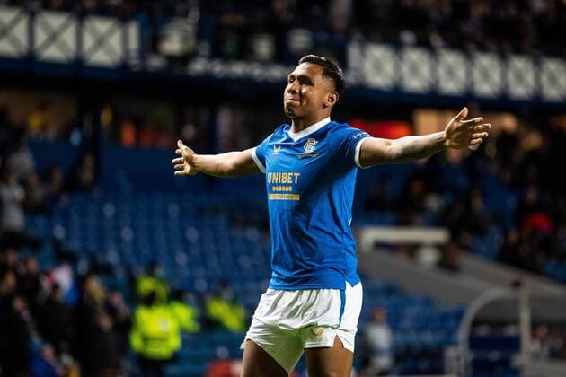 Mandatory Credit: Photo by Kirk O Rourke Rangers FC Shutterstock (12617967fo) Alfredo Morelos of Rangers celebrates his second goal during the Europa League match at Ibrox Stadium, Glasgow. Rangers v Sparta Prague, UEFA Europa League, Group A, Football, Ibrox Stadium, Glasgow, UK - 25 Nov 2021 Rangers v Sparta Prague, UEFA Europa League, Group A, Football, Ibrox Stadium, Glasgow, UK - 25 Nov 2021 Copyright: xKirkxO Rourke RangersxFC Shutterstockx 12617967fo