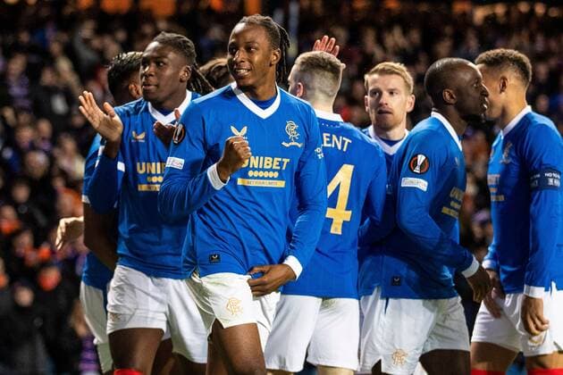 Mandatory Credit: Photo by Kirk O Rourke Rangers FC Shutterstock (12617967fd) Joe Aribo of Rangers celebrates after team mate Alfredo Morelos scored his second goal during the Europa League match at Ibrox Stadium, Glasgow. Rangers v Sparta Prague, UEFA Europa League, Group A, Football, Ibrox Stadium, Glasgow, UK - 25 Nov 2021 Rangers v Sparta Prague, UEFA Europa League, Group A, Football, Ibrox Stadium, Glasgow, UK - 25 Nov 2021 Copyright: xKirkxO Rourke RangersxFC Shutterstockx 12617967fd