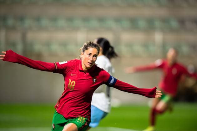 Carolina Mendes (18), - Portugal, celebrates after scoring a goal during the UEFA Women WC Qualifiers match between Portugal and Israel at Estadio Municipal de Portimao, Portugal. 