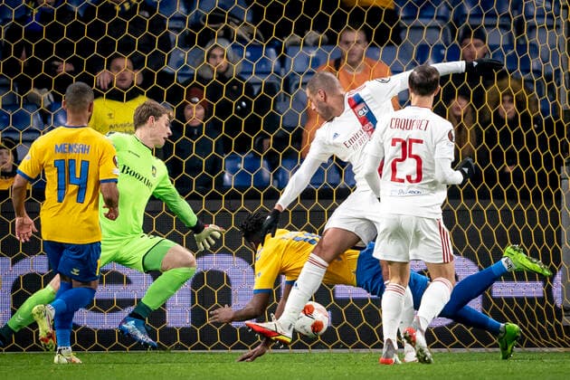 Olympique Lyonnais Islam Slimani cheers after scoring for 1 3 during the Europa League match between Broendby IF and Olympique Lyonnais at Broendby Stadium in Broendby, Thursday 25 November 2021 Broendby loses the match 1 3, Broendby Denmark  Copyright: RitzauxScanpix MadsxClausxRasmussenx cop101 spdk20211125-231741-L