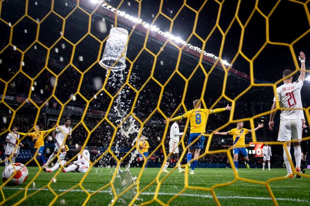 Broendby IFs Mikael Uhre scores during the Europa League match between Broendby IF and Olympique Lyonnais at Broendby Stadium in Broendby, Thursday 25 November 2021, Broendby Denmark  Copyright: RitzauxScanpix MadsxClausxRasmussenx cop101 spdk20211125-235532-L