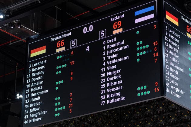 Final score on the scoreboard Germany vs Estonia, Basketball, World Cup Qualification 2023, Group D, 25 11 2021 Photo EIBNER Guener Santemiz Germany vs Estonia, Basketball, World Cup Qualification 2023, Group D, 25 11 2021 Nuremberg Copyright: xEIBNER GuenerxSantemizx EP_GSZ