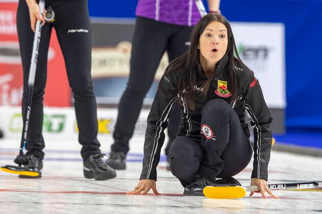 November 26, 2021, Saskatoon, SK, Canada: Team Einarson skip Kerri Einarson reacts to a shot against Team Rocque during Draw 17 of the 2021 Canadian Olympic curling trials in Saskatoon, Friday, November 26, 2021. Kerri Einarson  - ZUMAc35_ 20211126_zaf_c35_155 Copyright: xLiamxRichardsx