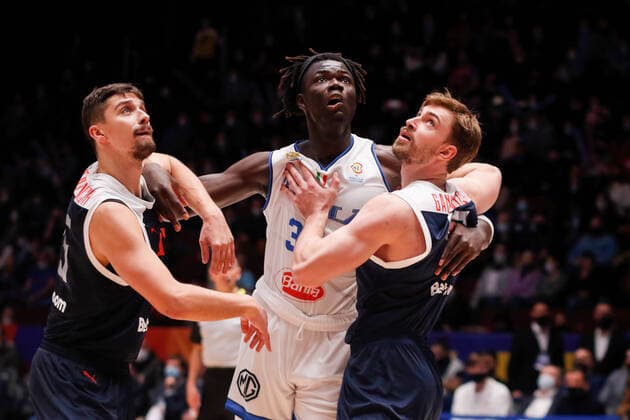November 26, 2021, Saint Petersburg, Russia: Anton Astapkovich (L), Alexander Gankevich (R) of Russia, and Mouhamet Rassoul Diouf (C) of Italy are seen in action during their match for the 1st Round: Group H at the FIBA Basketball World Cup 2023 Qualifiers held at the Jubilee Arena in Saint Petersburg..The final score of the match between Italy is 84:78, in favor of Russia. Saint Petersburg Russia - ZUMAs197 20211126_zaa_s197_196 Copyright: xMaksimxKonstantinovx