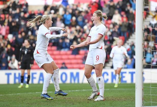 Mandatory Credit: Photo by Anna Gowthorpe Shutterstock (12619470j) Ellen White of England celebrates with Beth Mead after scoring her side s first goal England Women v Austria Women, FIFA Women s World Cup 2023 Qualifying, Group D, Football, Stadium of Light, Sunderland, UK - 27 Nov 2021 EDITORIAL USE ONLY No use with unauthorised audio, video, data, fixture lists, club league logos or live services. Online in-match use limited to 120 images, no video emulation. No use in betting, games or single club league player publications. England Women v Austria Women, FIFA Women s World Cup 2023 Qualifying, Group D, Football, Stadium of Light, Sunderland, UK - 27 Nov 2021 EDITORIAL USE ONLY No use with unauthorised audio, video, data, fixture lists, club league logos or live services. Online in-match use limited to 120 images, no video emulation. No use in betting, games or single club league player publications. Copyright: xAnnaxGowthorpe Shutterstockx 12619470j