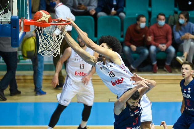 Belgium s Ismael Bako and Serbia s Marko Jagodic-Kuridza fight for the ball during a match of the national basketball team of Belgium, the Red Lions, against the national team, Nationalteam of Serbia, a qualification game for the 2023 World Championship, WM, Weltmeisterschaft men, in the Group A (match 2 6), Sunday 28 November 2021. LAURIExDIEFFEMBACQ  x3145230x