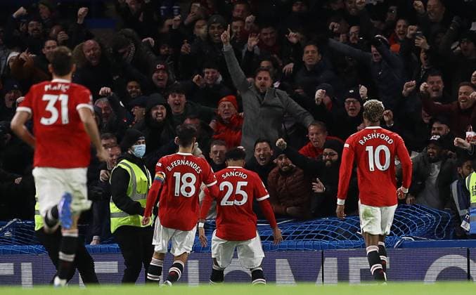 Sport Themen der Woche KW47 London, England, 28th November 2021. Jadon Sancho of Manchester United, ManU celebrates after scoring to make it 1-0 during the Premier League match at Stamford Bridge, London. Picture credit should read: Paul Terry Sportimage EDITORIAL USE ONLY. No use with unauthorised audio, video, data, fixture lists, club league logos or live services. Online in-match use limited to 120 images, no video emulation. No use in betting, games or single club league player publications. SPI-1363-0039