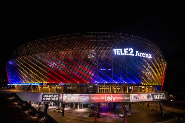 211128 Tele2 Arena illuminated in Djurgardens colors after the football match in the Allsvenskan between Djurgarden and Varberg on 28 November 2021 in Stockholm,  Copyright: KENTAxJÖNSSON BB211128KJ099