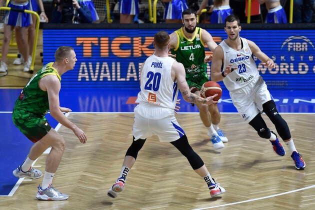 L-R Martynas Echodas of Lithuania, Simon Pursl of Czech, Eigirdas Zukauskas of Lithuania and Lukas Palyza of Czech in action during the Czech Republic vs Lithuania match, qualifier for 2023 Basketball World Cup, in Opava, Czech Republic, on Monday, November 29, 2021. (CTKxPhoto JaroslavxOzana) CTKPhotoP2021112908161  JAO 06