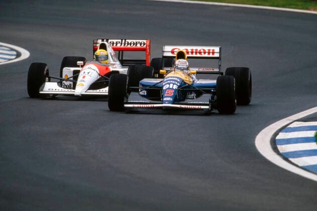 05 Mansell Nigel (gbr), Canon Williams Team, Williams-Renault FW14, 01 Senna Ayrton (bra), Honda Marlboro McLaren, McLaren-Honda MP4 6, action during the Spanish Grand Prix 1991 on the Circuit de Barcelone-Catalunya, 14th round of the 1991 FIA Formula 1 Championship from September 27 to 29, 1991 in Barcelona, Spain - FRANK WILLIAMS 1942 - 2021 DPPI Panoramic  09011029_037