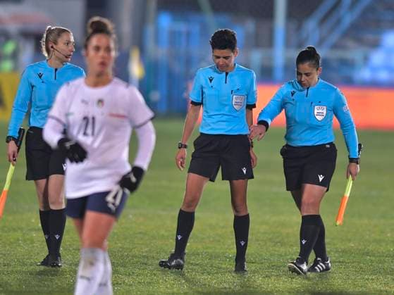 Referee brigade with Olga Almeida, Catarina Campos and Sandrine Goncalves Santos in the womens football match between Romania and Italy, counting for the World Championship Preliminaries, held on the Anghel Iordanescu Stadium in Voluntari, Tuesday, November 30, 2020 Voluntari Copyright: xRazvanxPasarica SPORTxPICTURESx