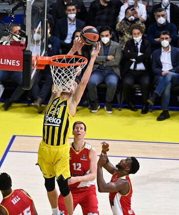 Jan Vesely (24) of Fenerbahce Beko Istanbul and Brock Motum AS Monaco during the Turkish Airlines Euroleague Basketball match between Fenerbahce Beko Istanbul and AS Monaco at Ulker Arena in Istanbul , Turkey on December 02 , 2021. 