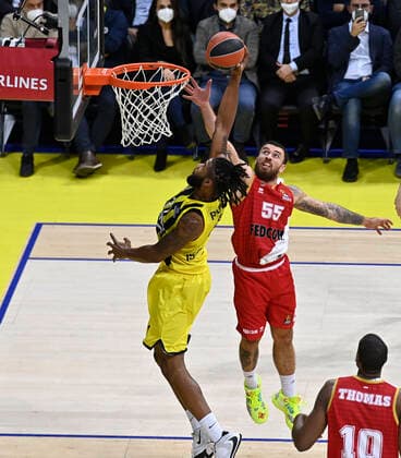 Devin Booker of Fenerbahce Beko Istanbul and Mike James (R) AS Monaco during the Turkish Airlines Euroleague Basketball match between Fenerbahce Beko Istanbul and AS Monaco at Ulker Arena in Istanbul , Turkey on December 02 , 2021. 