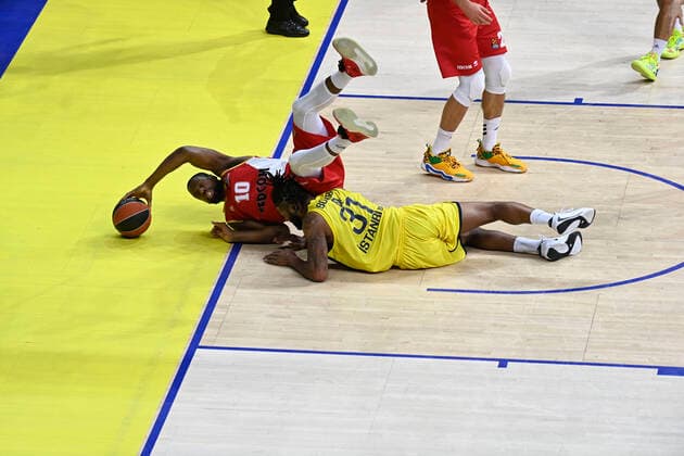 Devin Booker of Fenerbahce Beko Istanbul and Will Thomas (10) AS Monaco during the Turkish Airlines Euroleague Basketball match between Fenerbahce Beko Istanbul and AS Monaco at Ulker Arena in Istanbul , Turkey on December 02 , 2021. 