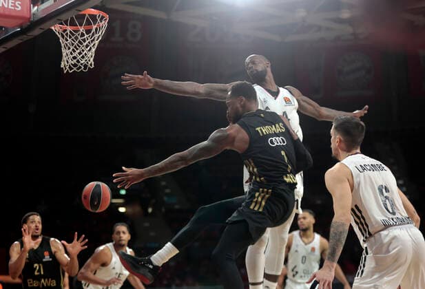 02 12 2021, Euroleague, FC Bayern Basketball vs Villeurbanne , basketball, Audi Dome Munich, sports, pictured Augustine Rubit FCB Basketball , William Howard ASVEL Villeurbanne , Deshaun Thomas FCB Basketball vs James Gist ASVEL Villeurbanne , Elie Okobo ASVEL Villeurbanne and Paul Lacombe ASVEL Villeurbanne.