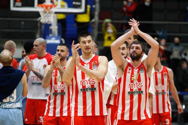 December 3, 2021, Saint Petersburg, Russia: Luka Mitrovic (C), Branko Lazic (L2), Stefan Markovic (R) of Crvena Zvezda Mts Belgrade seen in action during the Turkish Airlines Euroleague basketball match between Zenit Saint Petersburg and Crvena Zvezda Mts Belgrade at Sibur Arena in Saint Petersburg. Saint Petersburg Russia - ZUMAs197 20211203_zaa_s197_227 Copyright: xMaksimxKonstantinovx