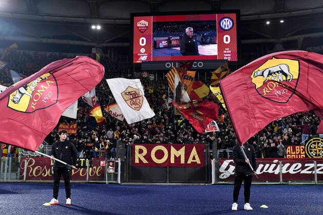 AS Roma fans cheer on while a portrait of Jose Mourinho coach of AS Roma is shown on the screen during the Serie A football match between AS Roma and FC Internazionale at Olimpico stadium in Rome (Italy), December 4th, 2021. Photo Andrea Staccioli Insidefoto andreaxstaccioli