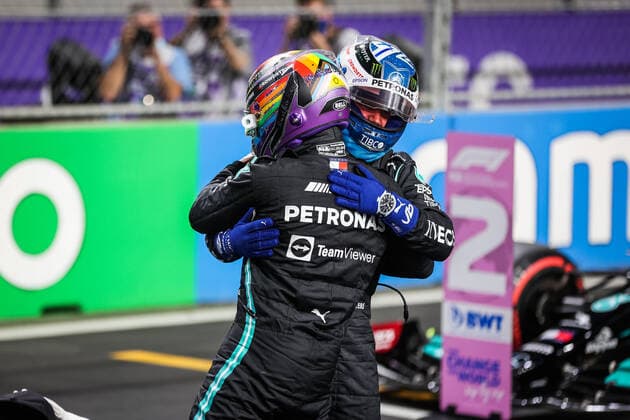 HAMILTON Lewis (gbr), Mercedes AMG F1 GP W12 E Performance, BOTTAS Valtteri (fin), Mercedes AMG F1 GP W12 E Performance, portrait during the Formula 1 stc Saudi Arabian Grand Prix 2021, 21th round of the 2021 FIA Formula One World Championship, WM, Weltmeisterschaft from December 3 to 5, 2021 on the Jeddah Corniche Circuit, in Jeddah, Saudi Arabia - F1 - SAUDI ARABIAN GRAND PRIX 2021 DPPI Panoramic  00121043_AV6_2772