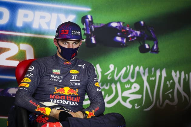 VERSTAPPEN Max (ned), Red Bull Racing Honda RB16B, portrait, press conference, PK, Pressekonferenz during the Formula 1 stc Saudi Arabian Grand Prix 2021, 21th round of the 2021 FIA Formula One World Championship, WM, Weltmeisterschaft from December 3 to 5, 2021 on the Jeddah Corniche Circuit, in Jeddah, Saudi Arabia - F1 - SAUDI ARABIAN GRAND PRIX 2021 DPPI Panoramic  00121043_FGO07811.JPG