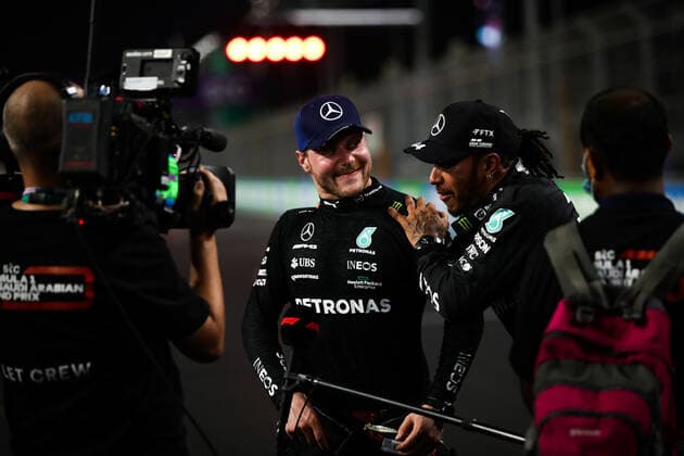 BOTTAS Valtteri (fin), Mercedes AMG F1 GP W12 E Performance, HAMILTON Lewis (gbr), Mercedes AMG F1 GP W12 E Performance, portrait during the Formula 1 stc Saudi Arabian Grand Prix 2021, 21th round of the 2021 FIA Formula One World Championship, WM, Weltmeisterschaft from December 3 to 5, 2021 on the Jeddah Corniche Circuit, in Jeddah, Saudi Arabia - F1 - SAUDI ARABIAN GRAND PRIX 2021 DPPI Panoramic  20211204_GOODEN_FGO07787