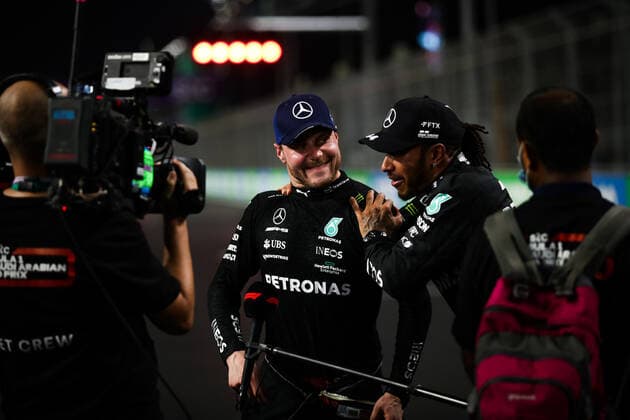 BOTTAS Valtteri (fin), Mercedes AMG F1 GP W12 E Performance, HAMILTON Lewis (gbr), Mercedes AMG F1 GP W12 E Performance, portrait during the Formula 1 stc Saudi Arabian Grand Prix 2021, 21th round of the 2021 FIA Formula One World Championship, WM, Weltmeisterschaft from December 3 to 5, 2021 on the Jeddah Corniche Circuit, in Jeddah, Saudi Arabia - F1 - SAUDI ARABIAN GRAND PRIX 2021 DPPI Panoramic  20211204_GOODEN_FGO07788