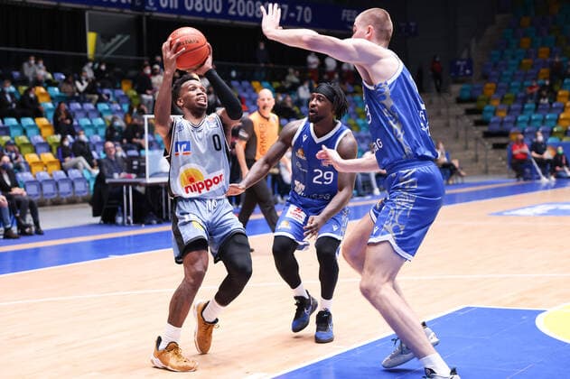 Fraport Skyliners HAKRO Merlins Crailsheim, easyCredit BBL T J Shorts Merlins Crailsheim, 0 vs Will Cherry Fraport Skyliners, 29 and Matt Haarms Fraport Skyliners, 3 Basketball match of easyCredit BBL between Fraport Skyliners and HAKRO Merlins Crailsheim on 5 December 2021 at Fraport Arena in Frankfurt am Main , Frankfurt am Main Hesse Germany Fraport Arena