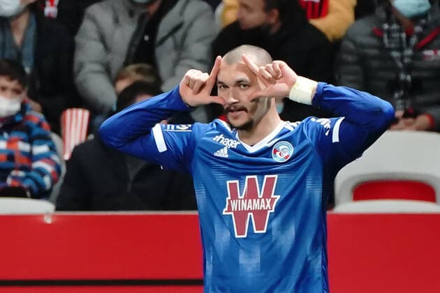 Joie - Equipe de Strasbourg - Ludovic Ajorque (Strasbourg) FOOTBALL : OGC Nice vs Strasbourg - Ligue 1 Uber Eats - Nice - 05 12 2021 NorbertScanella Panoramic 