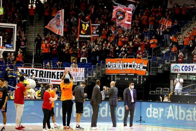 05 12 2021, easyCredit Basketball Bundesliga, BBL, 2021 2022 season, men, Alba Berlin Chemnitz Niners Chemnitz fans in Berlin Berlin Mercedes Benz Arena Berlin Germany.